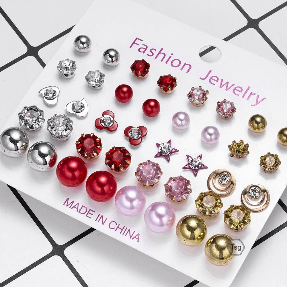 12 Pairs  Zircons Flower Pearl Ear Studs Set