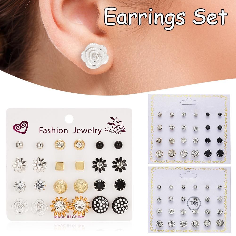 12 Pairs  Zircons Flower Pearl Ear Studs Set