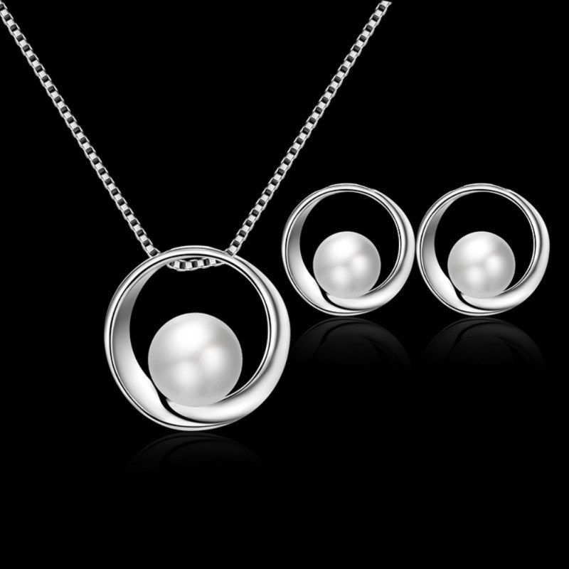 Women Faux Pearl Round Pendant Necklace Stud Earrings-Silver