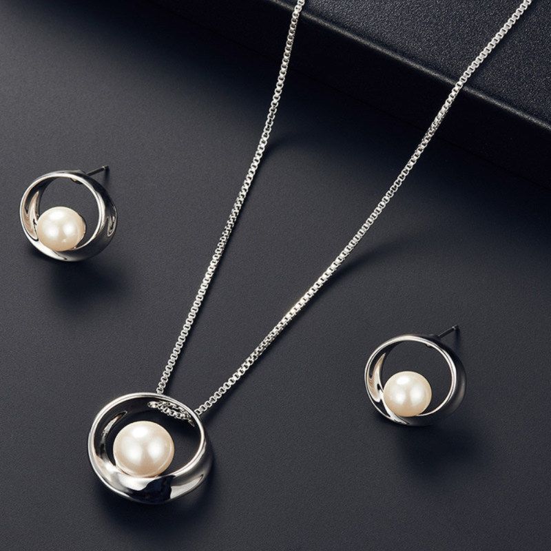 Women Faux Pearl Round Pendant Necklace Stud Earrings-Silver