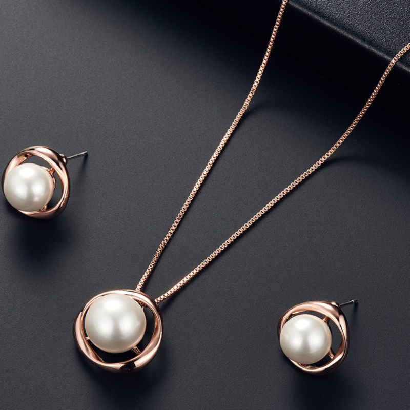 Women Faux Pearl Round Pendant Necklace Stud Earrings-Silver