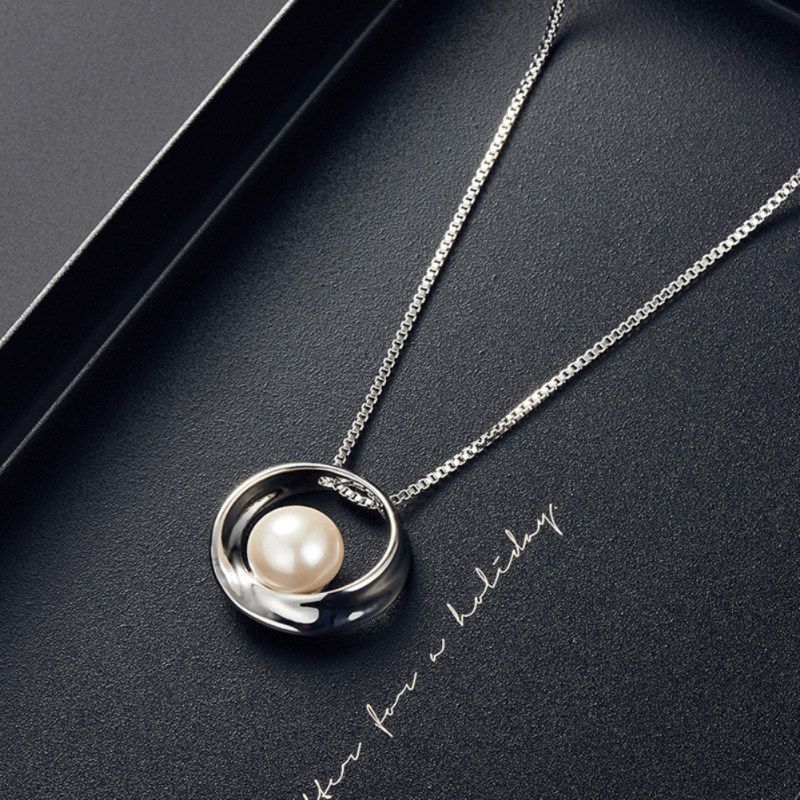 Women Faux Pearl Round Pendant Necklace Stud Earrings-Silver