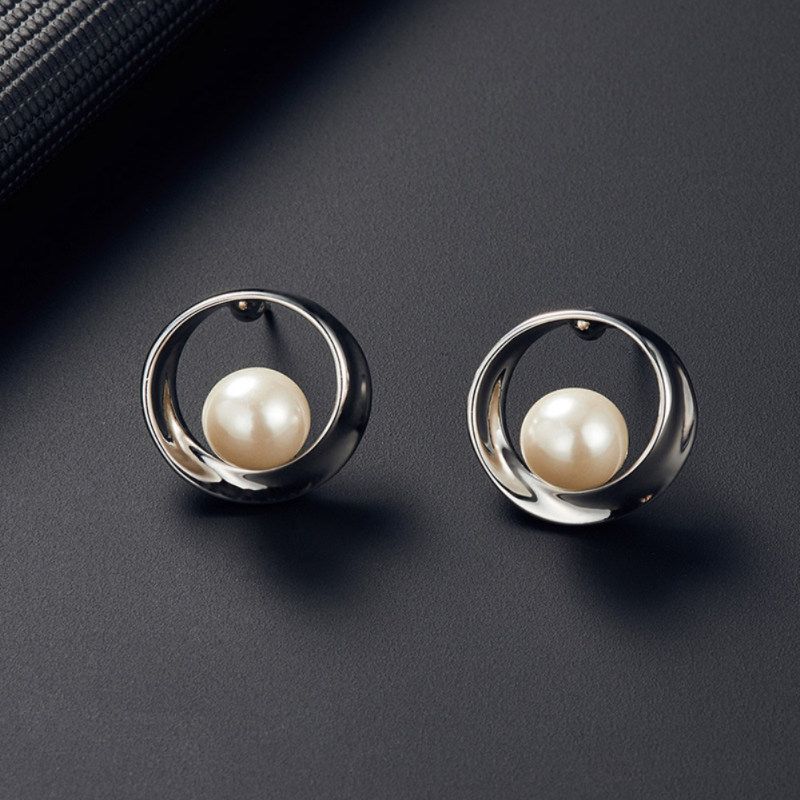 Women Faux Pearl Round Pendant Necklace Stud Earrings-Silver