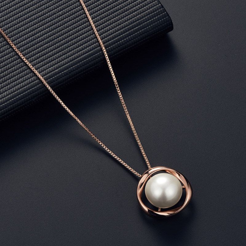 Women Faux Pearl Round Pendant Necklace Stud Earrings-Silver
