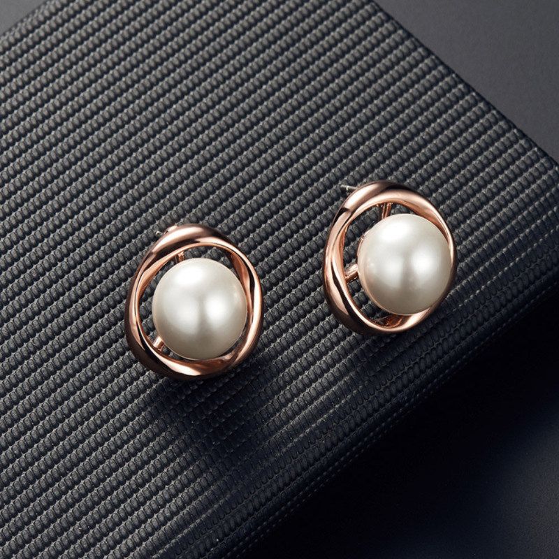 Women Faux Pearl Round Pendant Necklace Stud Earrings-Silver