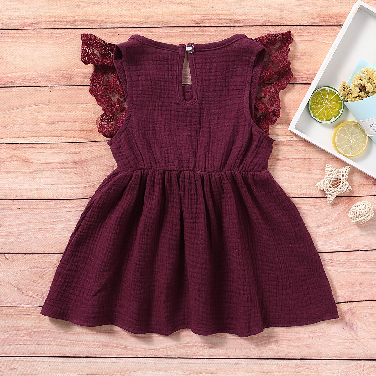 Baby Girls Cotton Linen Dress Lace Patchwork Sleeveless Dress -Burgundy