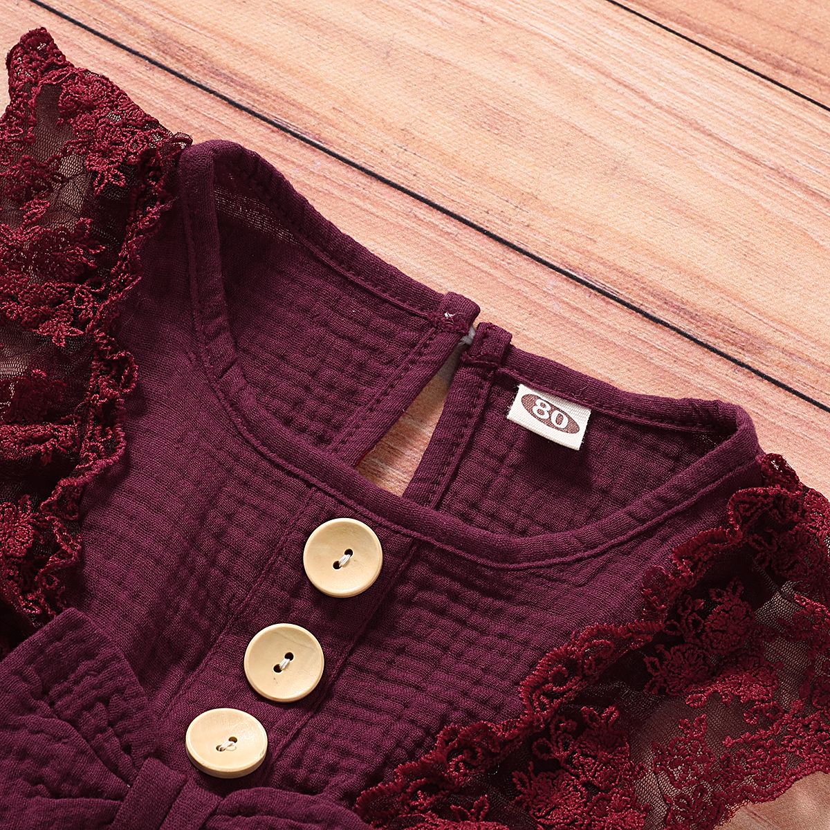 Baby Girls Cotton Linen Dress Lace Patchwork Sleeveless Dress -Burgundy
