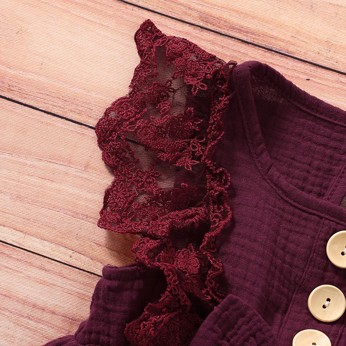 Baby Girls Cotton Linen Dress Lace Patchwork Sleeveless Dress -Burgundy