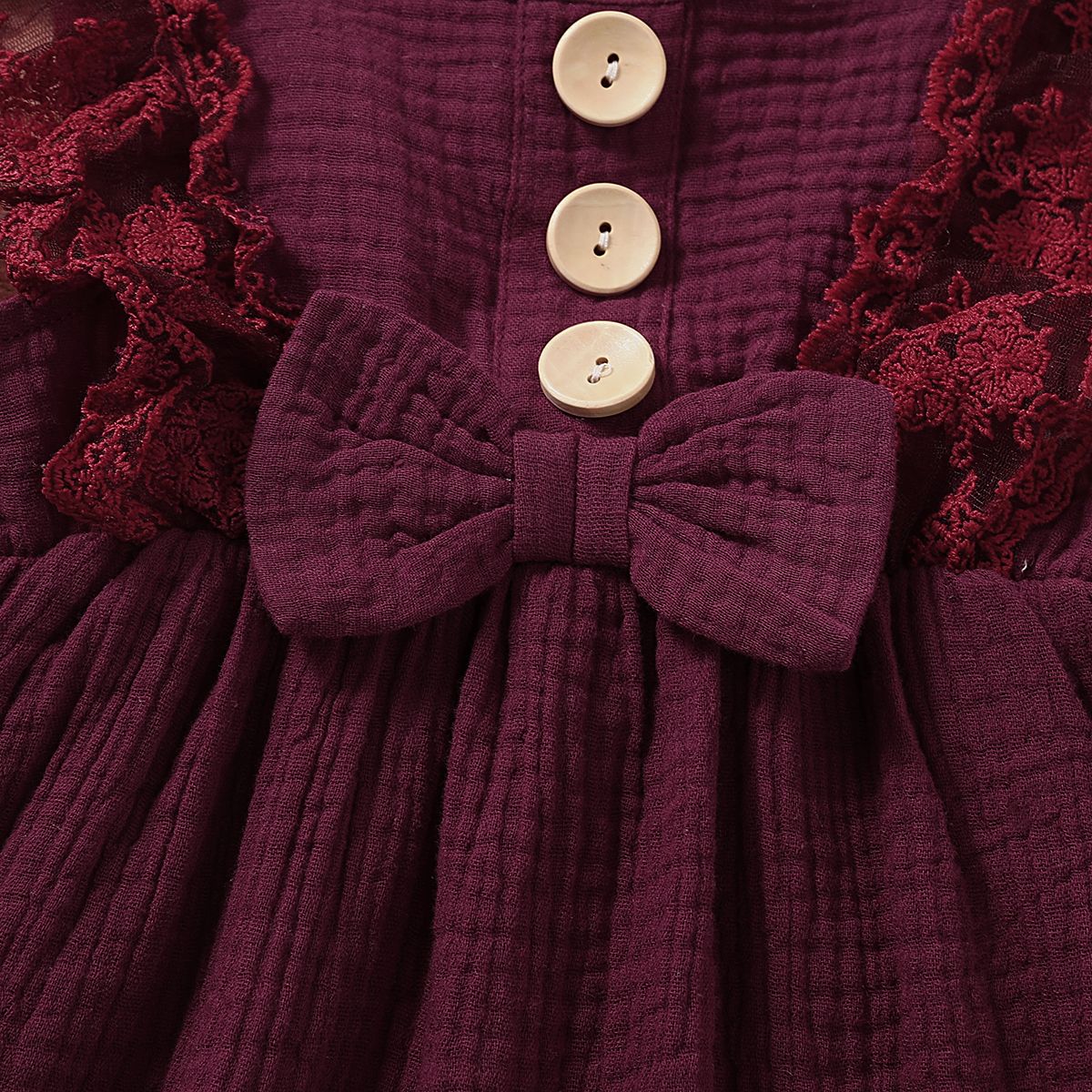 Baby Girls Cotton Linen Dress Lace Patchwork Sleeveless Dress -Burgundy