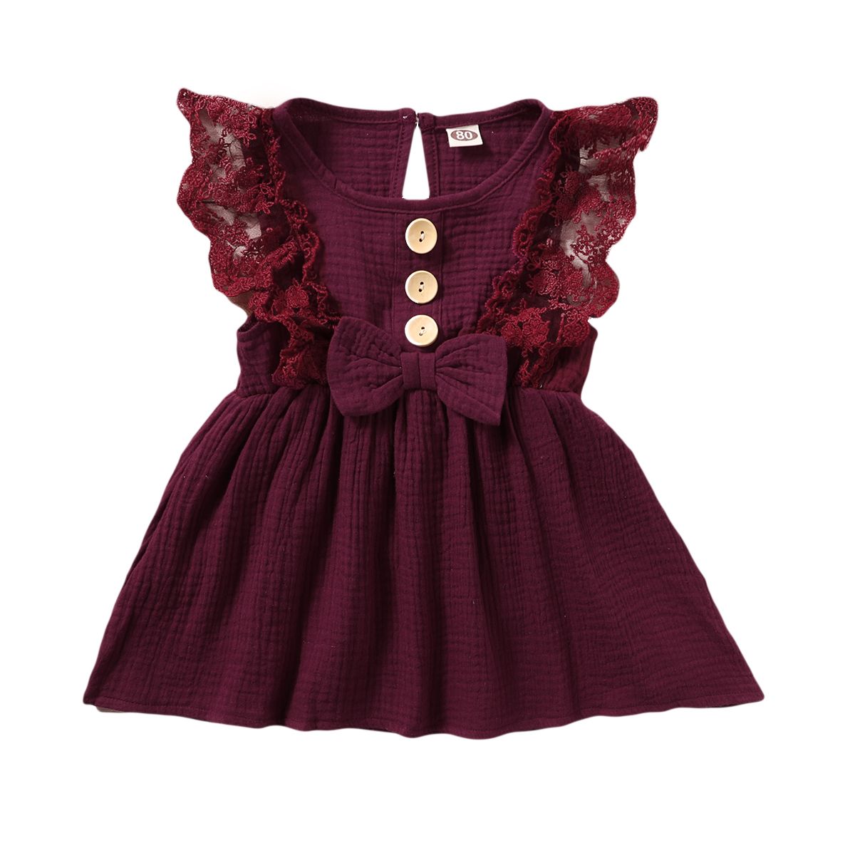 Baby Girls Cotton Linen Dress Lace Patchwork Sleeveless Dress -Burgundy