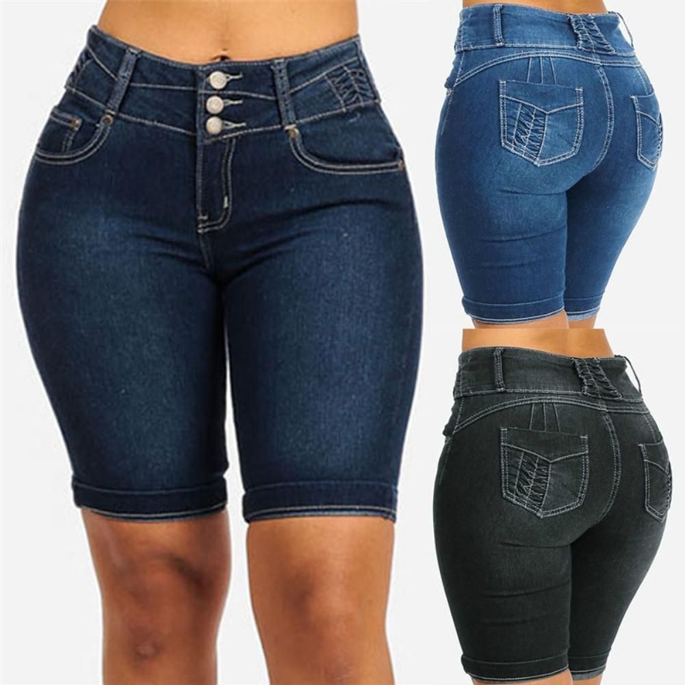(Blue)New  Fashion Women Ladies Denim Skinny Shorts High Waist Stretch Bodycon Jeans Slim Shorts Knee Length Stretch Short Jeans DOU