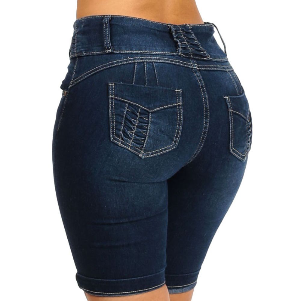 (Blue)New  Fashion Women Ladies Denim Skinny Shorts High Waist Stretch Bodycon Jeans Slim Shorts Knee Length Stretch Short Jeans DOU