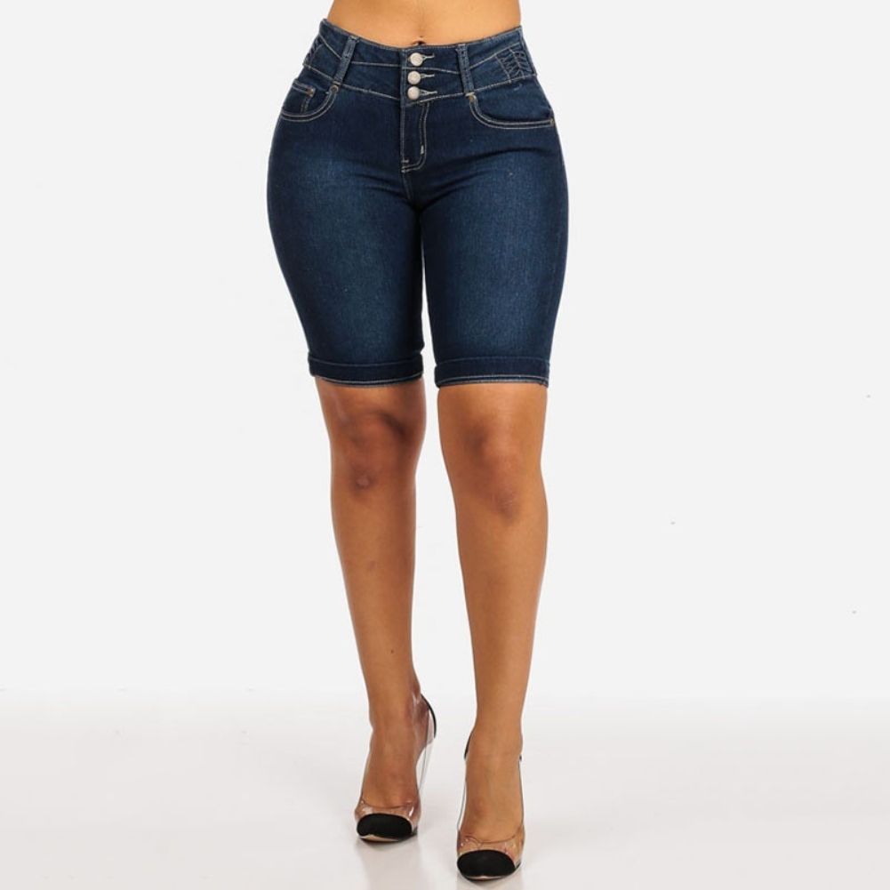 (Blue)New  Fashion Women Ladies Denim Skinny Shorts High Waist Stretch Bodycon Jeans Slim Shorts Knee Length Stretch Short Jeans DOU