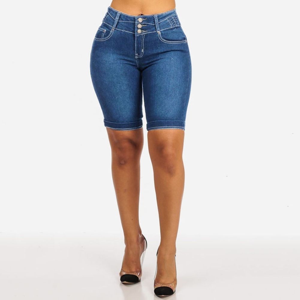(Blue)New  Fashion Women Ladies Denim Skinny Shorts High Waist Stretch Bodycon Jeans Slim Shorts Knee Length Stretch Short Jeans DOU