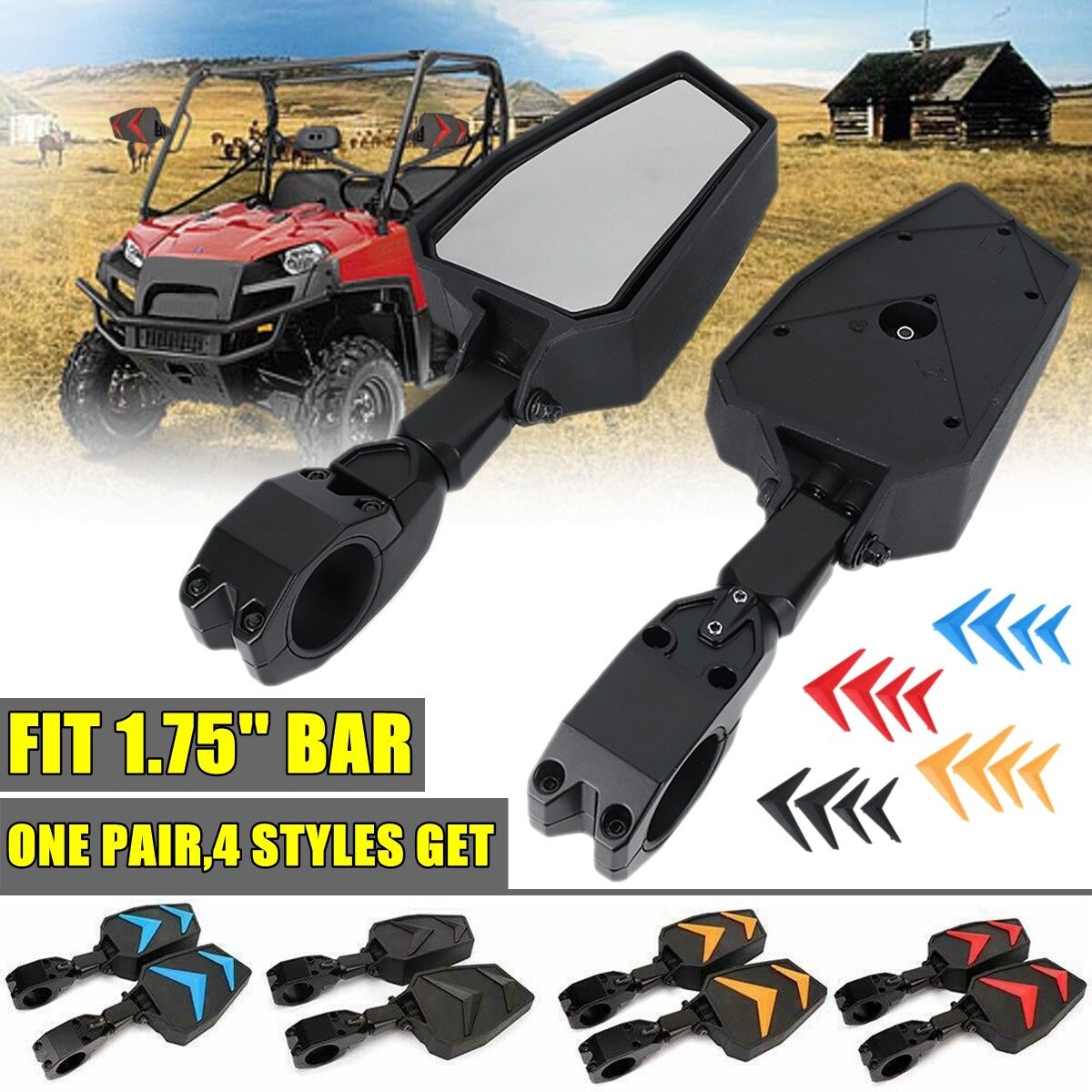 UTV Side Rear View Mirror 1.75" Bar For Polaris RZR 570 800 Yamahas Rhinos