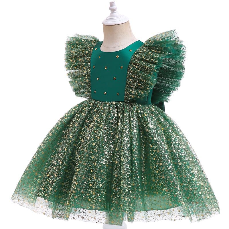 GIRL QUALITY MINI STARS CHRISTMAS GOWN - GREEN - G77