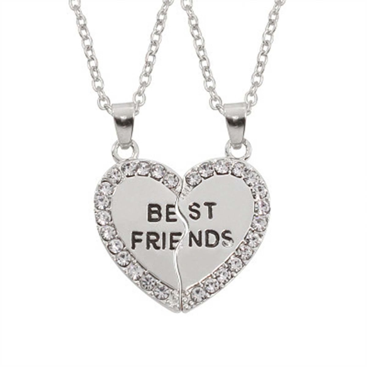 2Pcs Shining Rhinestone Friendship Necklaces Gift-Silver