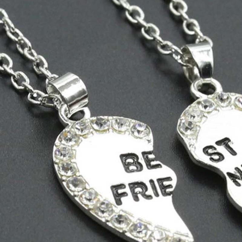 2Pcs Shining Rhinestone Friendship Necklaces Gift-Silver