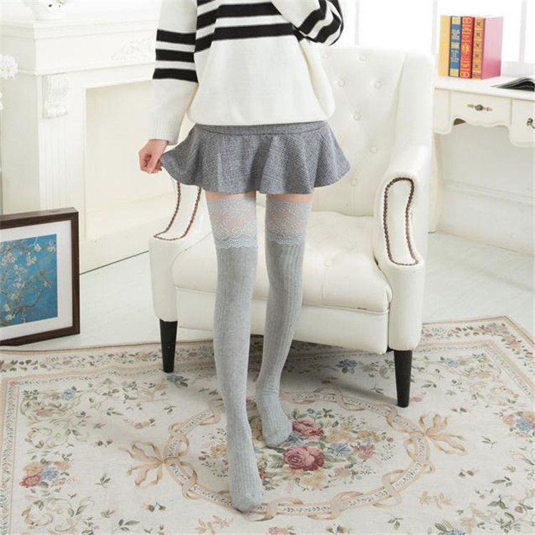 Lace Stockings Above The Knee Non- Thigh Socks Cotton Vertical Stripe Socks