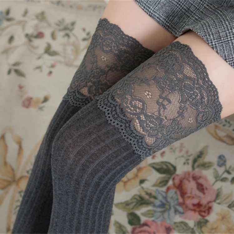 Lace Stockings Above The Knee Non- Thigh Socks Cotton Vertical Stripe Socks