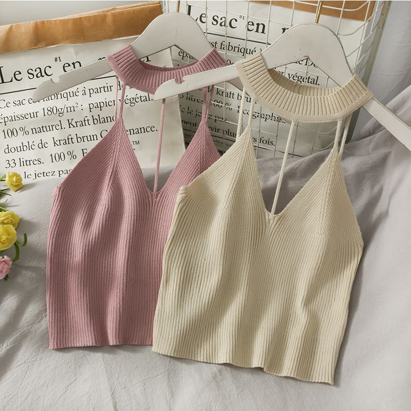 (Black)High Street Hollow Out Cropped Tops Female Cami Knitted Solid Red Tank Backless Cute Basic Casual Sleeveless Camis Korean Girls WEF
