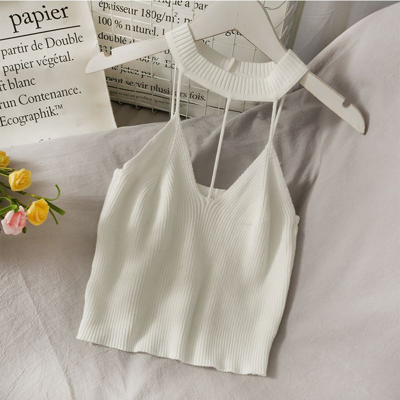 (Black)High Street Hollow Out Cropped Tops Female Cami Knitted Solid Red Tank Backless Cute Basic Casual Sleeveless Camis Korean Girls WEF