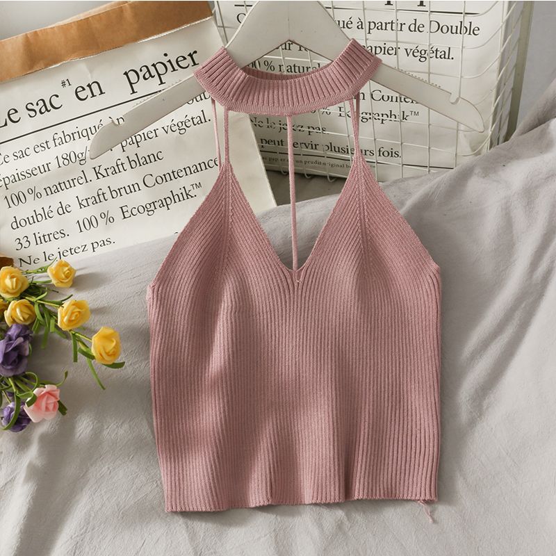 (Black)High Street Hollow Out Cropped Tops Female Cami Knitted Solid Red Tank Backless Cute Basic Casual Sleeveless Camis Korean Girls WEF