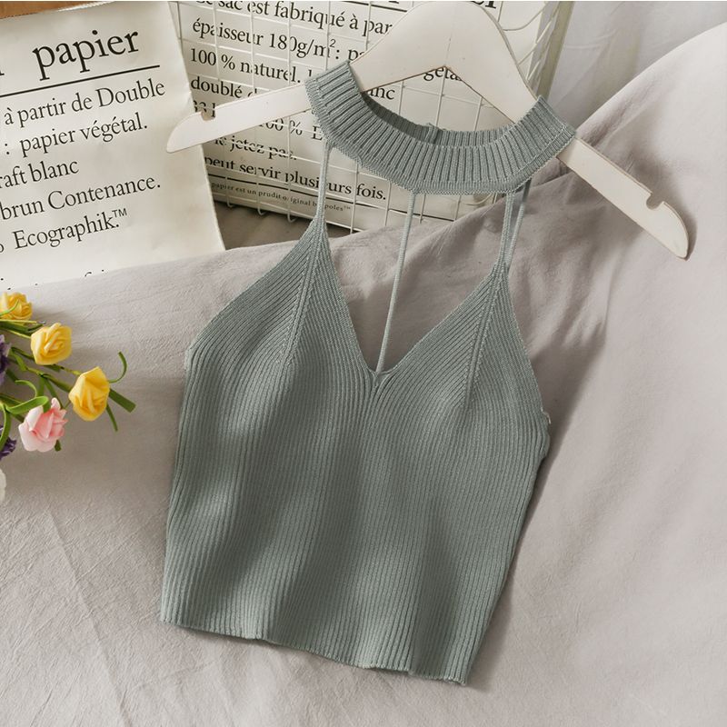 (Black)High Street Hollow Out Cropped Tops Female Cami Knitted Solid Red Tank Backless Cute Basic Casual Sleeveless Camis Korean Girls WEF