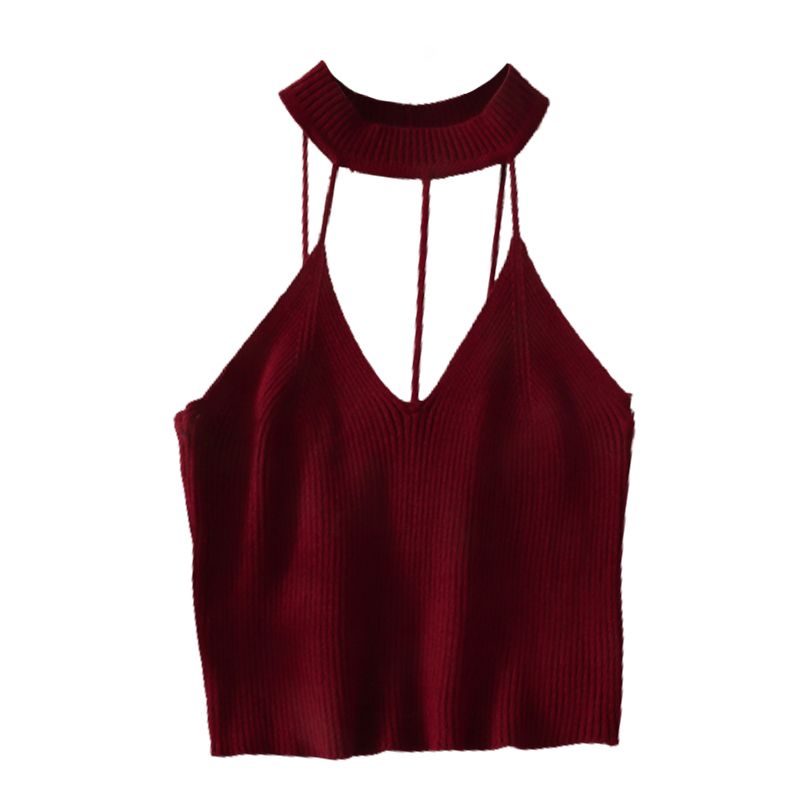 (Black)High Street Hollow Out Cropped Tops Female Cami Knitted Solid Red Tank Backless Cute Basic Casual Sleeveless Camis Korean Girls WEF