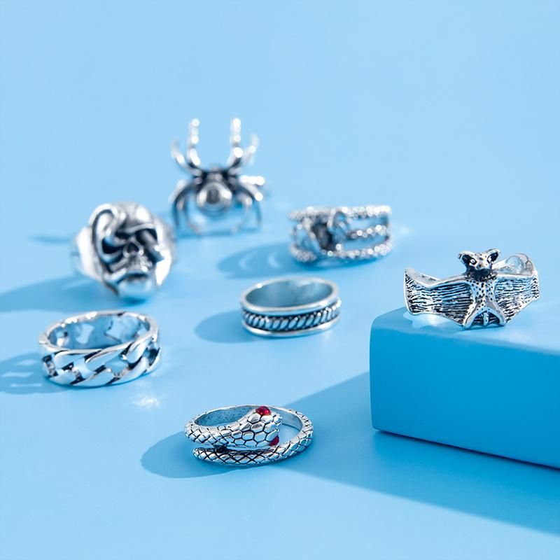 7 pieces Spider Bat Skull Double headed Snake Ring Set