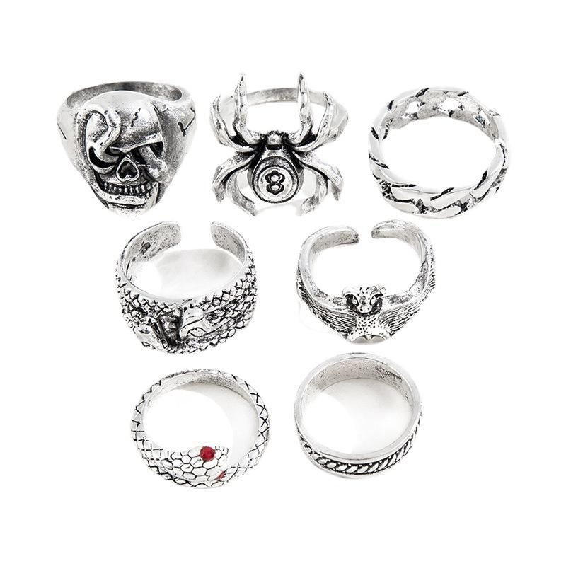 7 pieces Spider Bat Skull Double headed Snake Ring Set