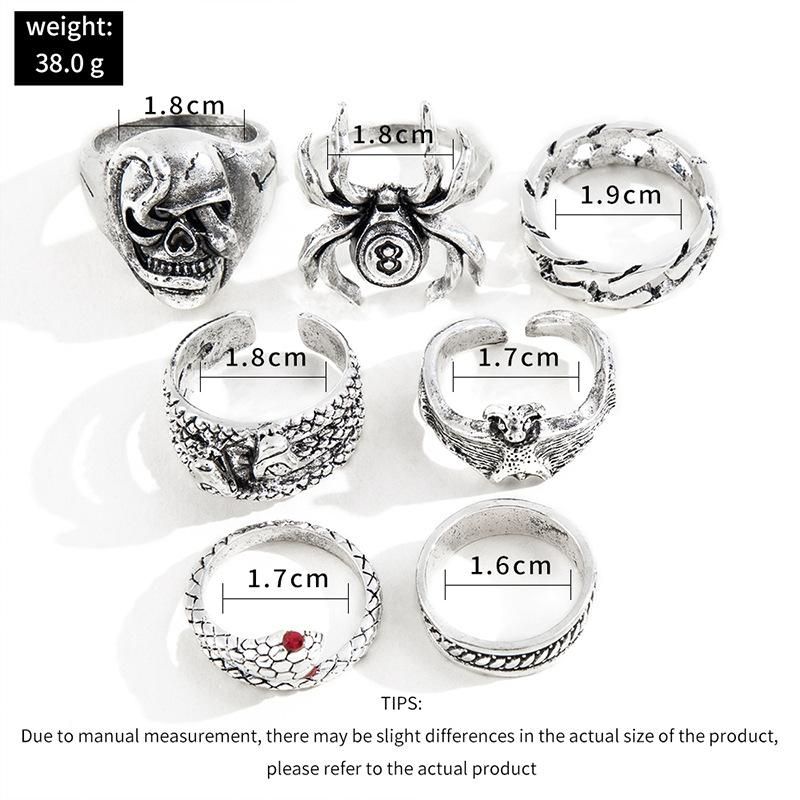 7 pieces Spider Bat Skull Double headed Snake Ring Set