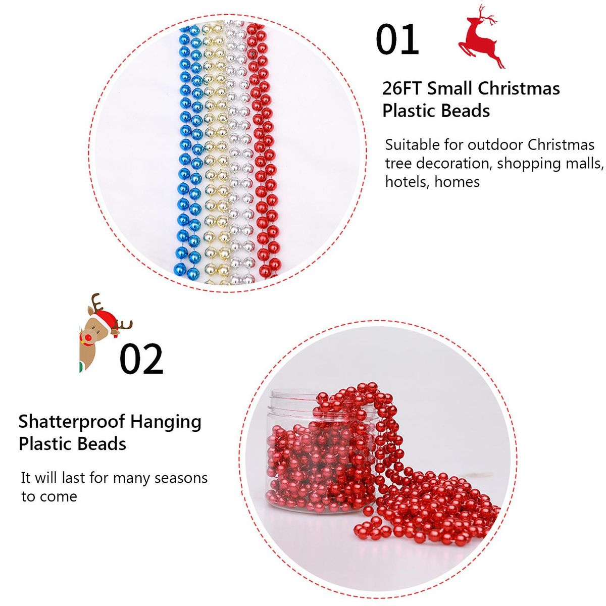26FT Christmas Balls Chain Ornaments for Xmas Christmas Tree Shatterproof Hanging Ball Set Small Christmas Balls Plastic Beads Chain for Xmas Tree Party Decoration