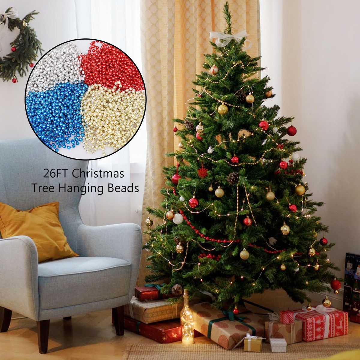 26FT Christmas Balls Chain Ornaments for Xmas Christmas Tree Shatterproof Hanging Ball Set Small Christmas Balls Plastic Beads Chain for Xmas Tree Party Decoration