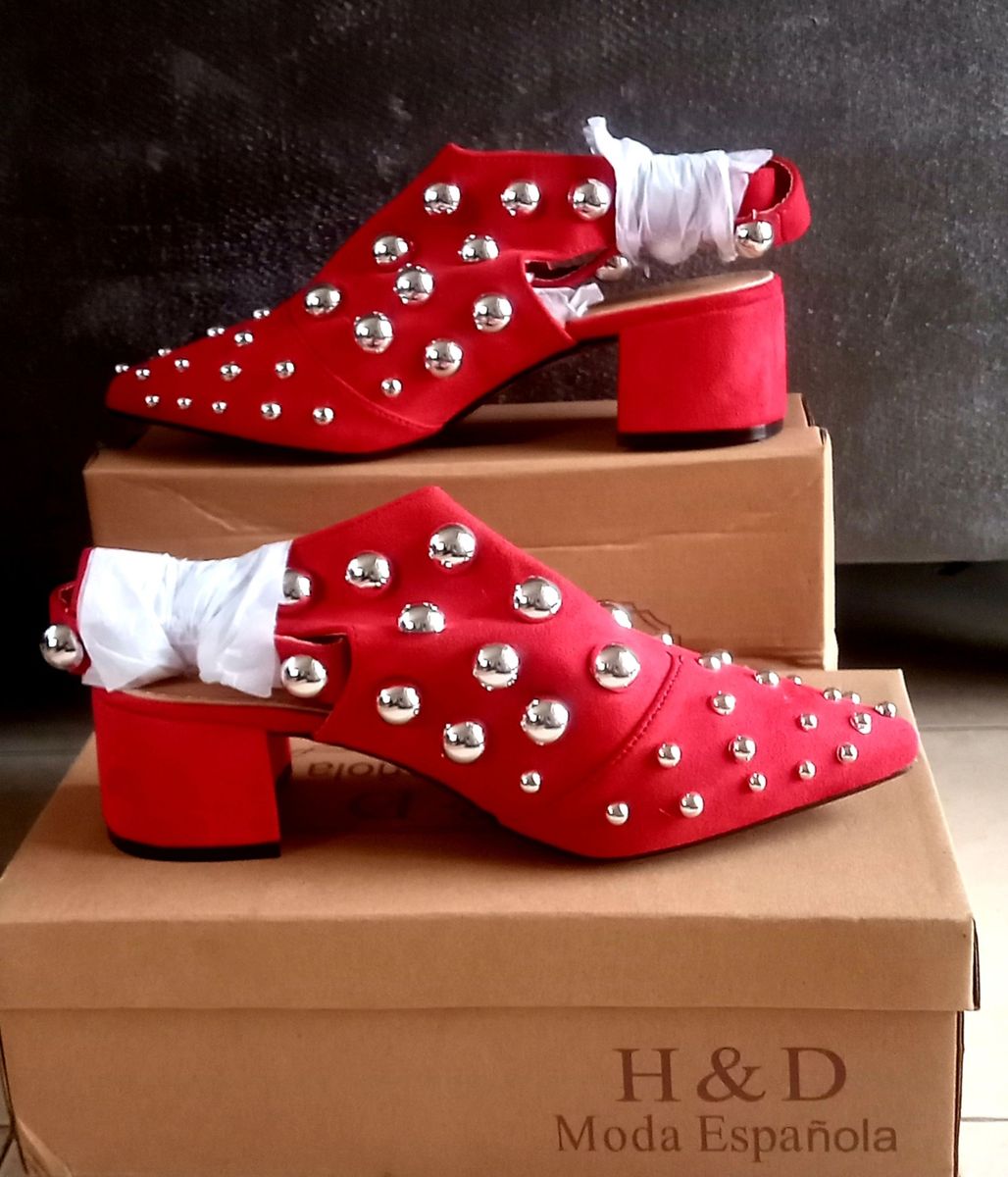 H & D Ladies Studded Ankle Strap Block Heel Shoe