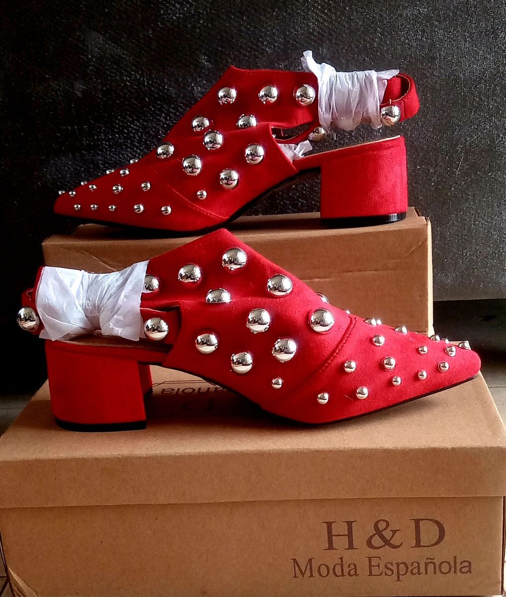 H & D Ladies Studded Ankle Strap Block Heel Shoe