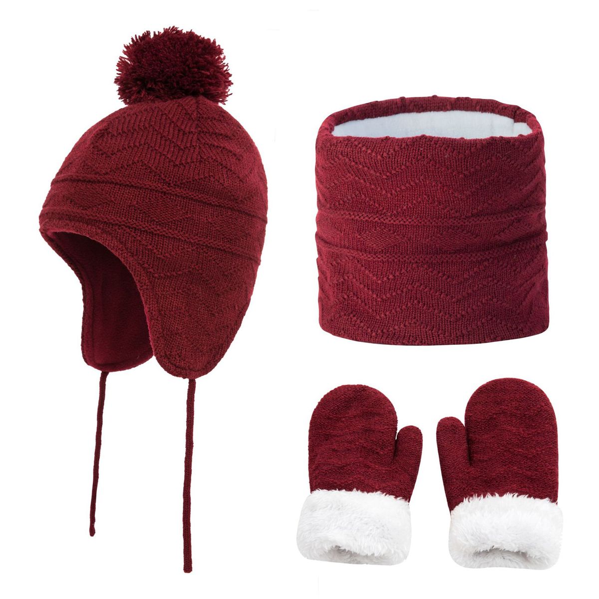 LAOdou 1 Set Hat Circle Scarf Gloves Fashion Pattern Plush-Wine Red
