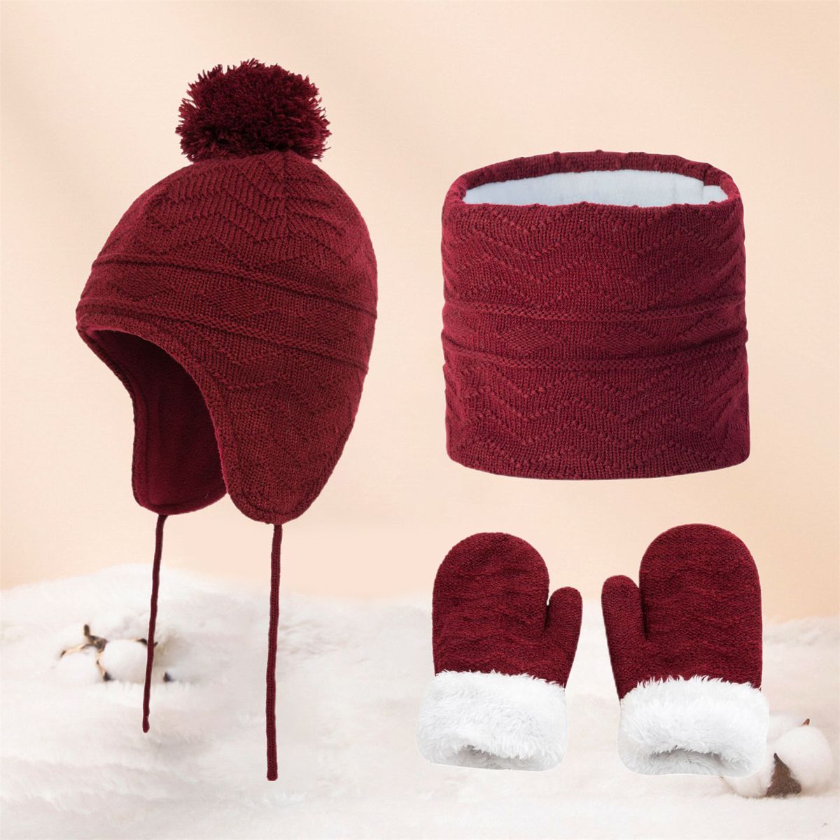 LAOdou 1 Set Hat Circle Scarf Gloves Fashion Pattern Plush-Wine Red
