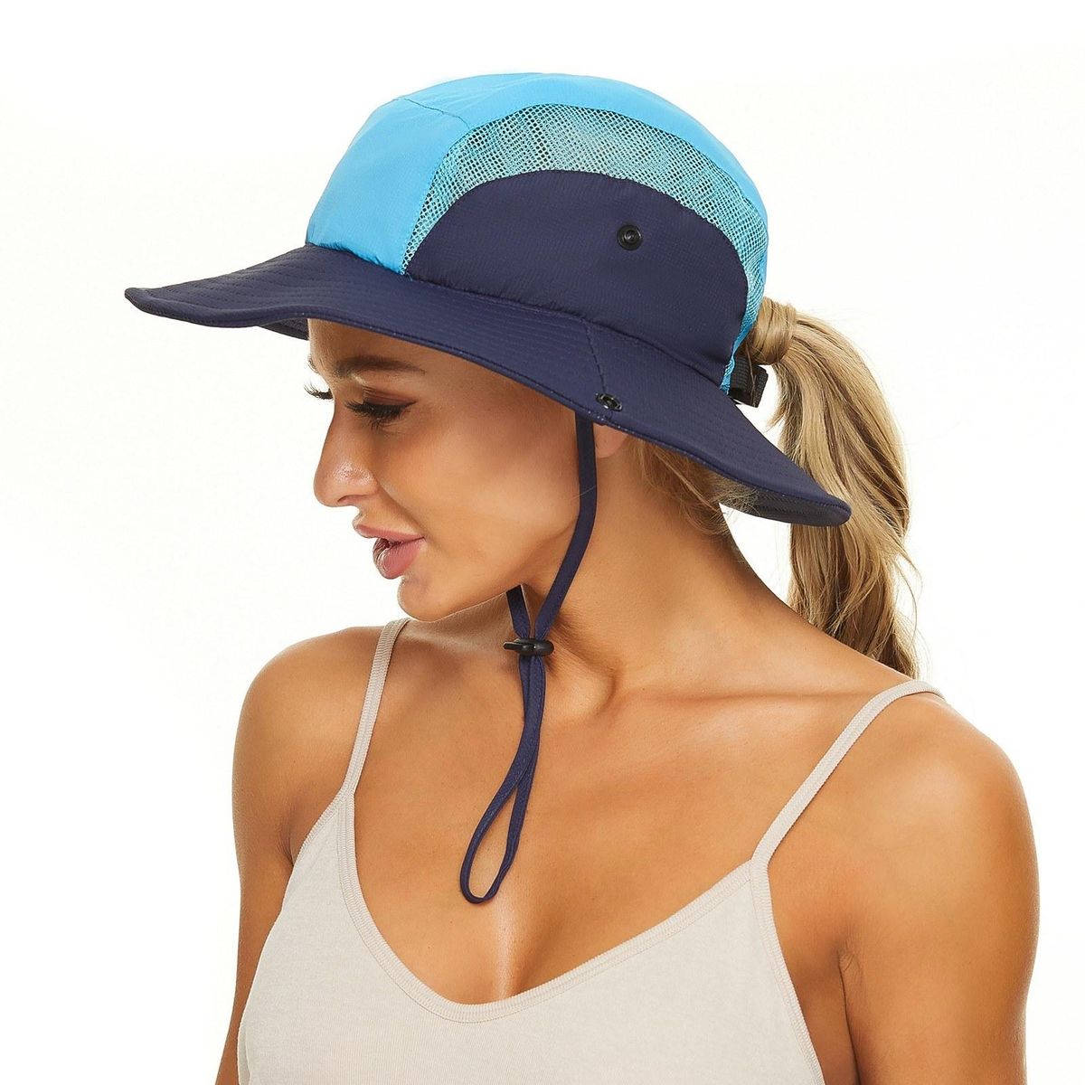 Women Sun Hat Wide Brim Summer Ponytail Hole Cap Foldable Hat for Beach Travel Hiking Camping Gardening