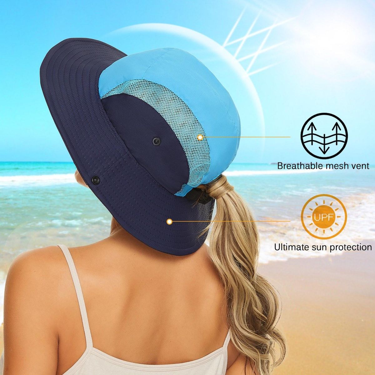 Women Sun Hat Wide Brim Summer Ponytail Hole Cap Foldable Hat for Beach Travel Hiking Camping Gardening
