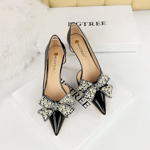 Patent Leather Pearl Rhinestone Bow Women Pumps Super High Heels Black