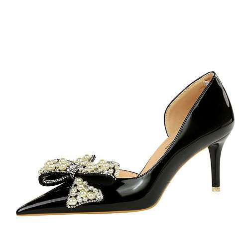 Patent Leather Pearl Rhinestone Bow Women Pumps Super High Heels Black