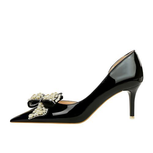 Patent Leather Pearl Rhinestone Bow Women Pumps Super High Heels Black