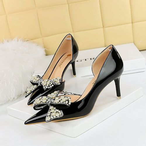 Patent Leather Pearl Rhinestone Bow Women Pumps Super High Heels Black