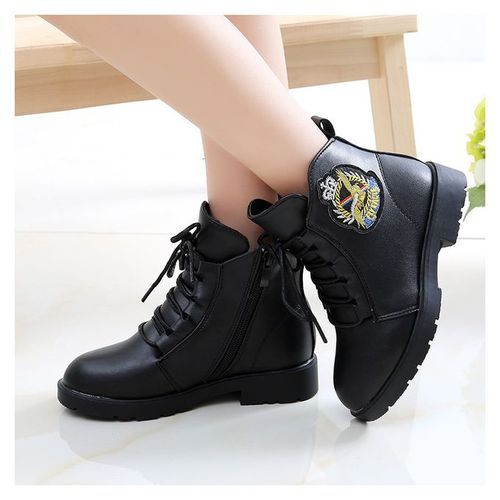 Girls Boots Martin Boots Plus Velvet Cotton Shoes-Black