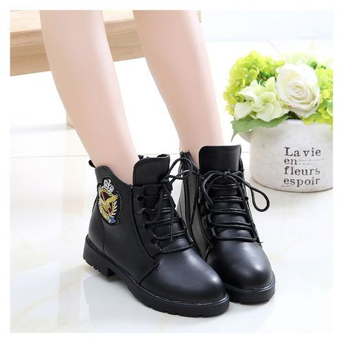Girls Boots Martin Boots Plus Velvet Cotton Shoes-Black