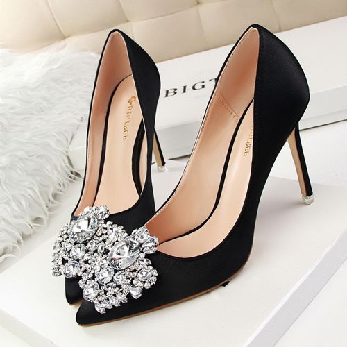 Ladies Crystal Heels Wedding Pumps Dress Party Shoes Black