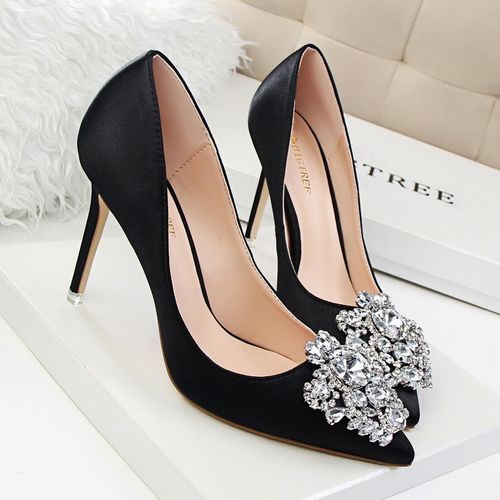 Ladies Crystal Heels Wedding Pumps Dress Party Shoes Black
