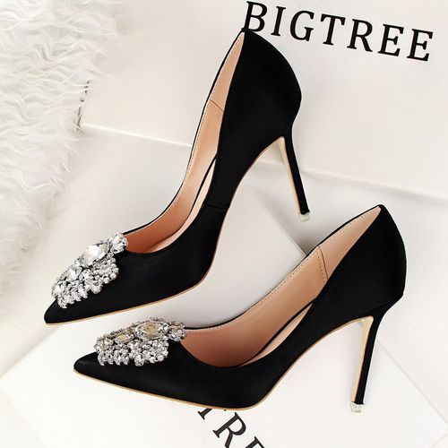 Ladies Crystal Heels Wedding Pumps Dress Party Shoes Black
