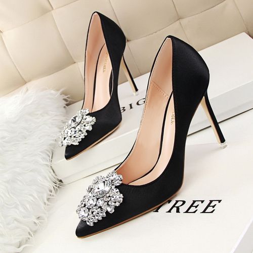 Ladies Crystal Heels Wedding Pumps Dress Party Shoes Black